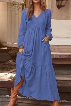 Details: Material: Cotton Style: Fashion, Casual Pattern Type: Solid Element: Split Joint Neckline: V Neck Silhouette: A Line Sleeve Length: Long Sleeve Dresses Length: Ankle Length Fit Type: Loose Size(in) Bust Dresses Length Sleeve Length S 37.4 47.2 22 M 38.2 47.6 22.4 L 39.8 48 22.8 XL 41.3 48.4 23.2 2XL 42.9 48.8 23.6 3XL 43.7 49.2 24 Tips: Due to the many variations in monitors, the color in the image could look slightly different, please take physical design and color shall prevail. Pleas Button Outfit, Shift Dresses, Womens Fall Dress, Long Sleeve Casual Dress, Women Maxi, Daily Dress, Long Sleeve Maxi, Fashion Colours, Types Of Skirts