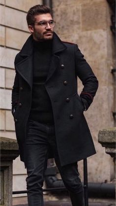 Mens Peacoat Outfit, Fashion For Men Over 40, Streetwear Magazine, Black Dress Coat, Pinterest Marketing Manager, Black Outfit Men, Coats For Men, Outfit Shop, Mens Casual Dress Outfits