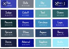 the names and colors of paint samples for each type of color scheme, including blue