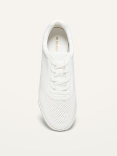 "Smooth, faux-leather low-top upper, with lace-up front.  Cushioned insoles made with memory foam.  Like walking on fluffy little clouds.  Textured thermoplastic rubber midsole and outsole.  To measure your shoe size, place a piece of paper on the gr Comfortable Synthetic Sneakers With Perforations, Comfortable Lace-up Sneakers With Textured Upper, Comfortable Sneakers With Textured Upper And Round Toe, Comfortable Low-top Sneakers With Textured Upper, Comfortable Lace-up Everyday Sneakers, Synthetic Lace-up Sneakers With Textured Upper, Everyday Synthetic Sneakers With Perforations, Comfortable Synthetic Sneakers With Textured Upper, Comfortable Lace-up Sneakers With Perforations