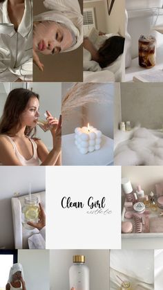 a collage of photos with woman in bathrobe, candles and other items