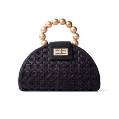 Especially for the Holidays, Introducing the BELLA bag in black & gold. This gorgeous bag is the perfect statement piece for your Holiday parties and swanky soirees! You can still fit your essentials in including your large phone. Crafted by our artisans in the Philippines, the structured bag is made from T’nalak fabric with an iconic Solihiya rattan weave overlay. Featuring a gold plated brass twist lock clasp and a wooden beaded top handle. Detachable gold chain and black cross-body strap incl Indigenous Crafts, Black Rattan, Statement Handbag, Rattan Weave, Structured Bag, Alphabet Jewelry, Woven Handbags, Party Purse, Statement Accessories