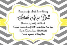 a yellow and gray chevroned bridal shower party card with the word bridal shower on it