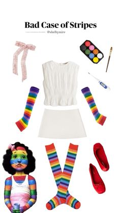 an assortment of clothing and accessories including shoes, socks, makeup, hairbrushes