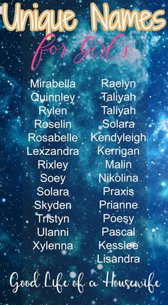 a poster with the names of unique names for girls in front of a night sky filled with stars