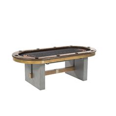 a poker table with a black cloth on top and gold trimming around the edge