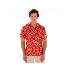 "The DZ Stretch Jersey Men's Polo Tiki Shirt provides comfort and breathability all day long. Golf, tennis, the beach... you betcha! Inspired by a classic 1960s polo shirt. The Dorothy Zudora Lava Luau Print incorporates elements of geometric, space age and op art influences during the Mod fashion movement. All of our signature prints were designed by Dorothy Zudora and printed in the USA. This Tiki Shirt was crafted by extremely talented tailors in our Tampa Bay studio. The model is a 5'11\" ta Retro Summer Polo Shirt With Polo Collar, Red Retro Print Summer Shirt, Red Polo Collar Shirt For Summer, Casual Red Shirt With Retro Print, Retro Red Polo Collar Top, Retro Summer Polo Shirt, Retro Red Tops For Beach, Red Retro Shirt With Camp Collar, Retro Red Shirt With Camp Collar