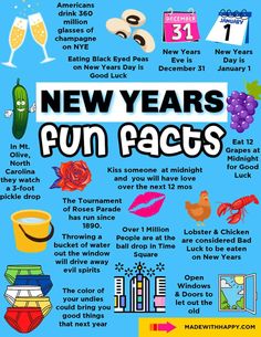 the new years fun fact poster is shown in blue and has images of different things on it