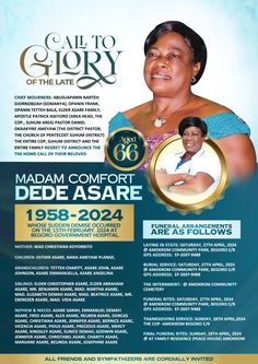 a flyer for the celebration of madam comfort de'asare, who was born in 1932