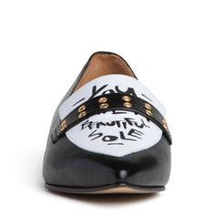 Cecily by Beautiisoles is a classic black and white leather loafer with a little urban twist with our branded Graffiti logo "You Have a Beautiful Sole" accented with a stylish grommet /keeper.  This timeless style is ideal for everyday wear.  This comfortable loafer- thanks to a 6mm memory foam insole - will complement jeans, pants, trousers, skirts and dresses alike!  Please see our size conversion as it is different from Wolf Badger's. 6mm = 0. 23"memory foam insole. Breathable leather upper, Graffiti Logo, Comfortable Loafers, Neutral Shoes, Shoe Polish, Vintage Cowboy, Pearl Jewellery Earrings, Tie Shoes, Designer Style, Beauty Bag