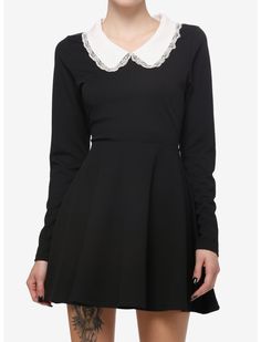 Cosmic Aura Black Peter Pan Collar Long-Sleeve Dress Peter Pan Collar Black Dress, Peter Pan Neckline Dress, Cosmic Aura, Peter Pan Dress, Pan Collar Dress, Black Collared Dress, Dresses And Tights, Gender Neutral Clothes, Peter Pan Collar Dress