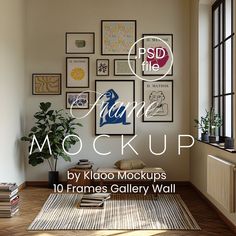 a living room with pictures on the wall and a rug in front of it that says home mo kloo mocks 10 frames gallery wall