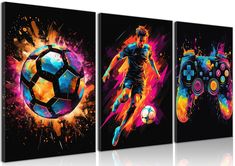 three paintings of soccer players with colorful paint splatters on them, one is kicking the ball