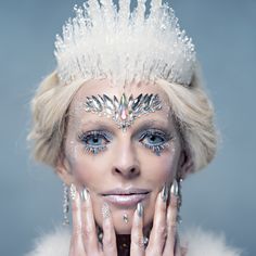 Jewelled Ice Queen Crown headdress, with 5 intricately formed transparent icicles surrounded with multiple layers of glistening, transparent, ice shards, set with 15 beautiful transparent 'ice jewels'. Now available with added iridescence within each icicle and ice shard! See the video for the iridescent version, and select 'with' or 'without' iridescence here at the checkout.  This headdress stays in place well, but if you're a performer (see the video showing this crown in a pole dancing routi Season Costumes, Ice Queen Crown, Snow Fairies, Ice Shards, Ice Crown, Frozen Crown, Ice Queen Makeup, Queen Halloween Costumes, Crown Headdress