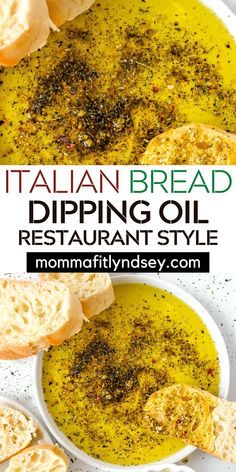 pin showing up close of italian dipping oil on top and photo of dipping oil with bread on the bottom. Baguette Dipping Oil, Italian Oil Dip For Bread, Garlic Oil Recipe For Bread, Oil For Bread Dipping Recipe, Bread Dipping Oil Recipe Garlic, California Pizza Kitchen Bread Dipping Oil, Bread For Oil Dipping, French Bread With Olive Oil, French Bread Dipping Oil Recipe