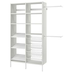 a white closet with shelves and baskets on the bottom shelf, against a white background