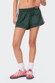 Nikki Nylon Shorts Casual Green Bottoms With Three Stripes, Green Nylon Bottoms With Elastic Waistband, Sporty Side Stripes Shorts For Summer, Sporty Summer Shorts With Side Stripes, Summer Bottoms With Side Stripes, Summer Shorts With Side Stripes, Casual Athletic Shorts With Side Stripes For Summer, Casual Summer Athletic Shorts With Side Stripes, Sporty Summer Shorts With Three Stripes