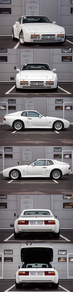 four white cars parked in a parking lot next to each other on top of one another