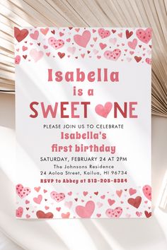 this is an image of a sweet one birthday party with hearts on the front and back