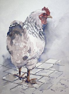 a watercolor painting of a chicken standing on a tile floor in front of the camera