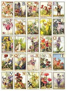 a collage of vintage children's alphabets with flowers and pictures on them