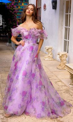 Purple Ruffled Evening Dress For Prom, Purple Gown For Debutante Ball In Spring, Purple Off-shoulder Dress With Fitted Bodice, Purple Off-shoulder Prom Dress, Purple Off-shoulder Prom Evening Dress, Purple Off-shoulder Evening Dress, Purple Floral Print Dress With Sweetheart Neckline, Purple Floor-length Dress For Garden Party, Purple Fitted Off-shoulder Gown