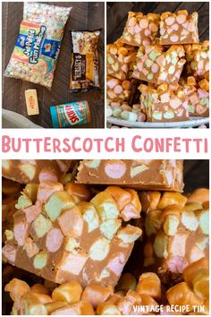 a collage of different types of confetti and candy bars with the words butterscotch confetti