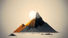 an abstract mountain scene with birds flying over it and the sun in the sky above