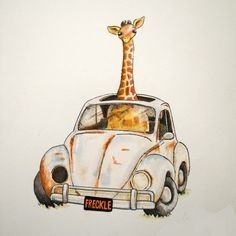 a drawing of a giraffe sticking its head out of a vw bug