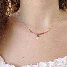 "\"Red Coral and Gold Beaded Necklace | Gold Coin in the Center | Tube Shaped Real Coral Natural Stone with Ball Gold Beads | 14k Solid Gold\" ∙ P R O D U C T I O N ∙ ‣ All of our products are handmade and made to order ‣ All of our items are 14K real gold. We do not carry any gold filled, gold plated, or gold vermeil items. Also there are no other metals used so all items are hypoallergenic. ‣ Raw materials are coming from historical gold and jewelry market of Istanbul Grand Bazaar. The Grand B Gold Round Bead Jewelry As A Gift, Round Beaded Necklace With Spacer Beads As Gift, Rondelle Beaded Necklace As A Gift, Rondelle Beaded Necklace For Gift, Beaded Rondelle Necklaces For Gifts, Dainty Beaded Necklace With Gold Beads As Gift, Dainty Gold Beads For Gifts, Gift Round Spacer Beads Necklace, Rondelle Polished Beads Necklace As Gift