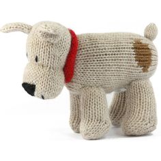 a knitted dog toy with a red collar on it's head and nose