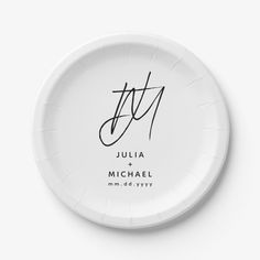 a white paper plate with the words julia and michael written in cursive writing