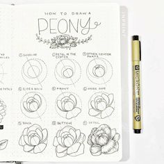 an open notebook with some drawings on it and a pen next to the page that says how to draw peony