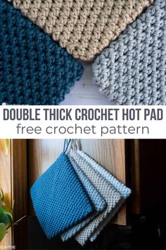 four crocheted pot holders with text overlay that reads, double thick crochet hot pad free crochet pattern