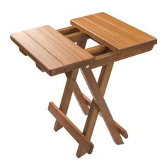 a wooden table with two folding legs and a tray on the top that is attached to it