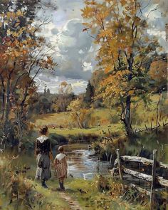 an oil painting of two people walking down a path next to a river in the woods