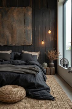 a large bed sitting next to a window in a room with dark wood paneling