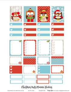 christmas planner stickers with owls and snowflakes on the top, in red, blue