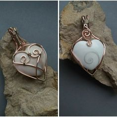 two pictures side by side one shows a wire wrapped heart and the other shows a pendant on top of a rock