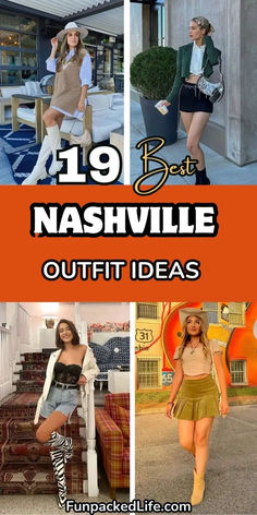 Image features four stylish Nashville outfit ideas for women with text reading '19 Best Nashville Outfit Ideas.' Styles include a tan sweater vest with a white shirt dress and cowboy boots, a green blazer paired with a mini skirt and boots, denim shorts with zebra-print boots and a black lace corset, and a khaki skirt styled with a beige crop top and cowboy hat. Nashville Style, Nashville Outfits, Trendy Skirts, Cozy Cafe, Southern Charm, Country Chic, Cowboy Hats, Nashville, Outfit Inspirations