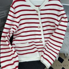 Lasaky - Womens Striped Button-Up Knit Cardigan: A Casual Long-Sleeve Sweater for Fashion-Forward Individuals Casual Fit, Chest Pad, Pattern Blocks, Casual Fits, Drop Shoulder, Long Sleeve Sweater, Knit Cardigan, Color Block, Knit Fabric