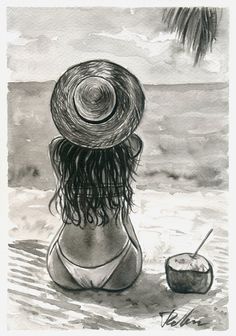 a drawing of a woman sitting on the beach with a coconut in her hand and a straw hat over her head