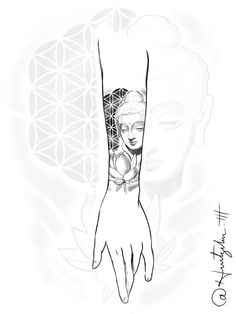 a drawing of a woman's arm and hand with the flower of life in the background