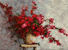 a painting of red flowers in a white vase on a chair against a gray background