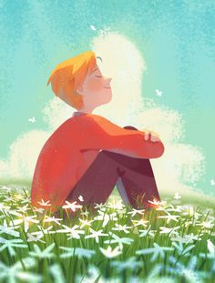 a boy sitting in the grass with daisies on his knees, looking up into the sky