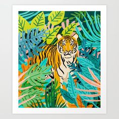 a painting of a tiger surrounded by tropical leaves on a tile wall in an art gallery