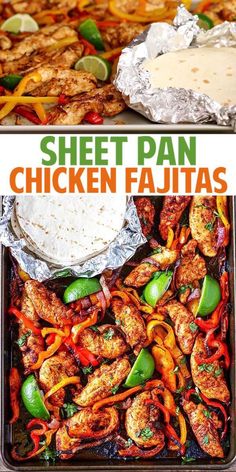 sheet pan chicken fajitas with peppers and limes in foil wrappers on the side