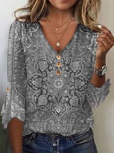 Mystery Mandala Printed Casual Ethnic Knitted V Neck Loose 3/4 Sleeve T-Shirt | zolucky Winter Collars, Collared Blouse, Bohemian Blouses, Ethnic Patterns, Collar Blouse, Boho Stil, Online Tops, Henley Shirts, Boho Tops