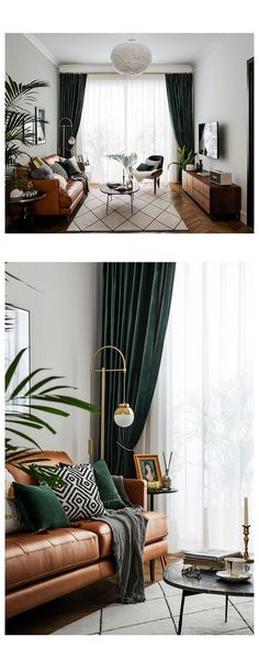 two pictures of a living room with green curtains and leather couches, one in front of the other