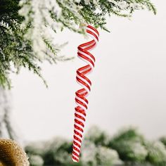 a christmas ornament hanging from a tree with red and white ribbons on it